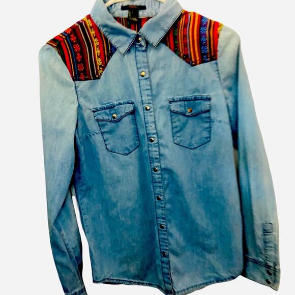 Forever 21 Tops - Denim Long Sleeve Studded Top with Print